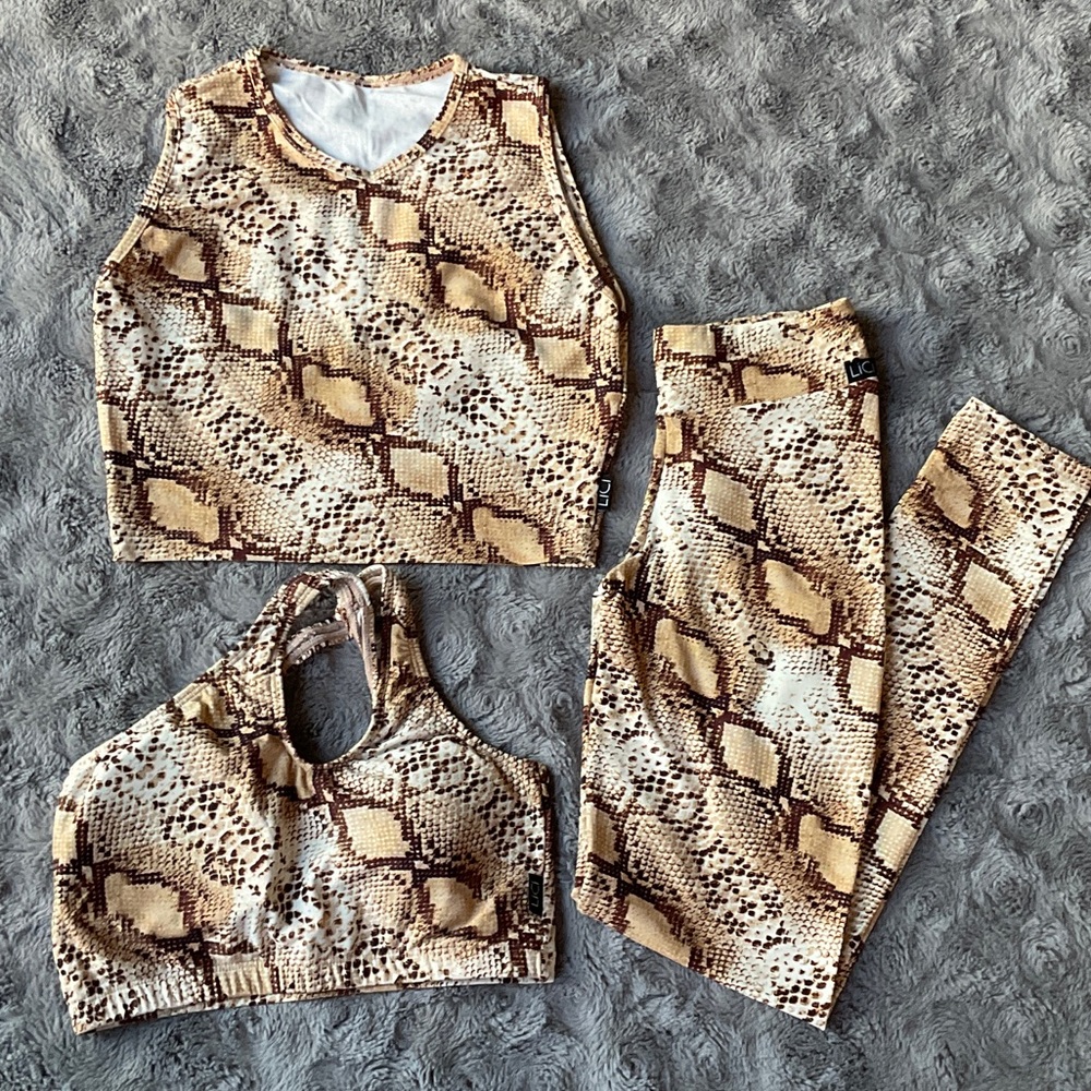 Snake Print High-Waist Leggings & Crop Top Set - Beige/Brown